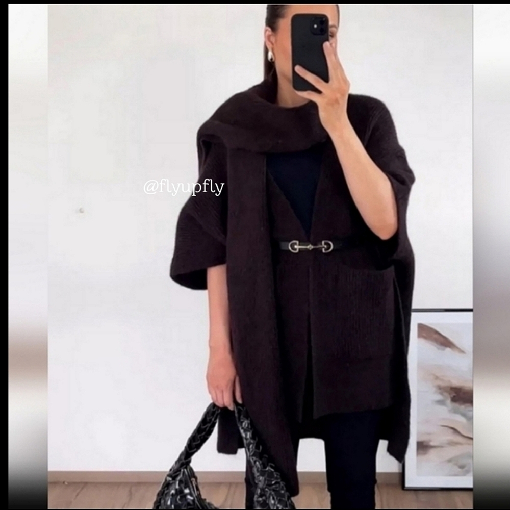ZARA Cardigan Coat Cape Scarf Brown size S and M - Picture 2 of 16